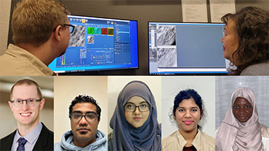 A collage of people working in a computer lab and five headshots.