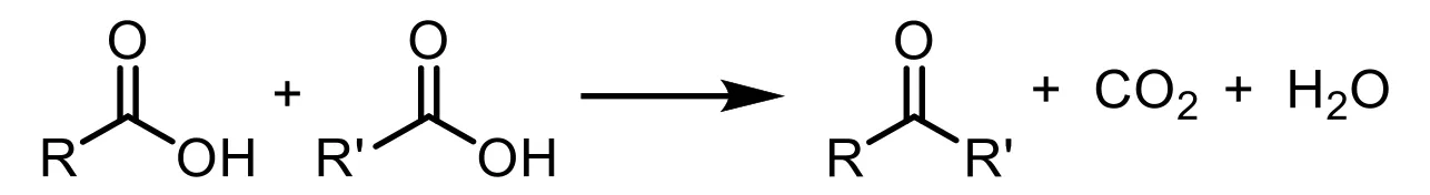 acid + acid is converted to ketone + CO2 + H2O