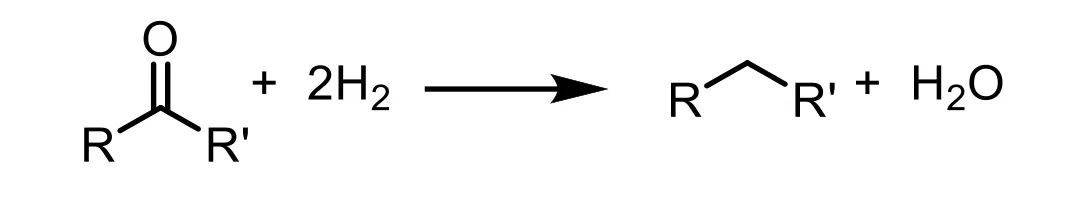 Ketone + 2H2 is converted to hydrocarbon + H2O
