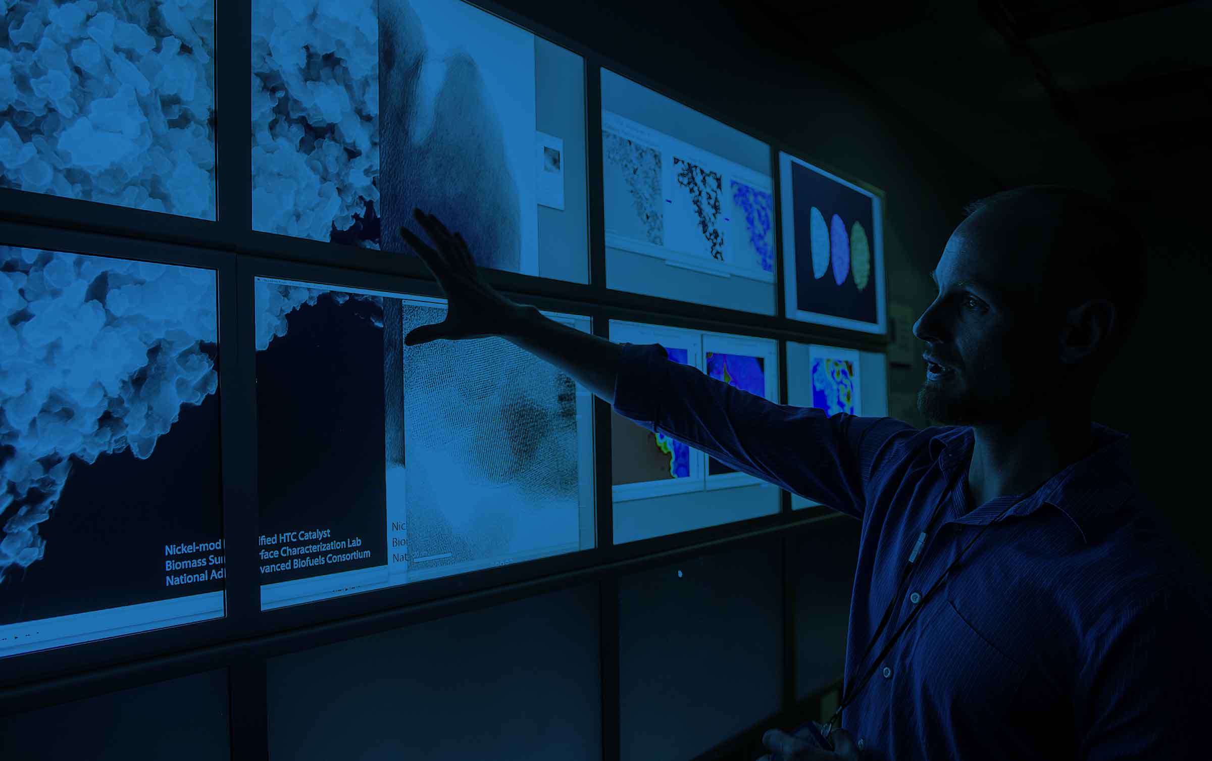 Man reaching out and pointing to images of Biomass on a screen